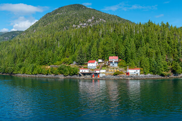 Boat Bluff Lighthouse panorama on Sarah Island along Tolmie Channel and Inside Passage Cruise, British Columbia, Canada.