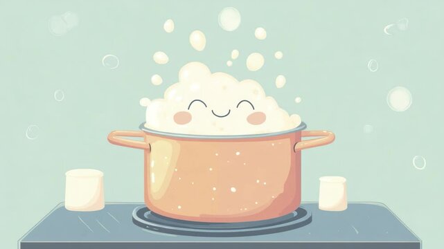 Happy boiling pot with marshmallows on a stove.