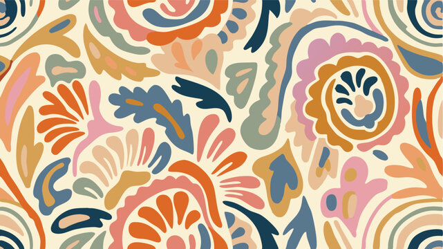 Abstract floral pattern with swirling shapes in pastel colors on a light background creating a repeat design