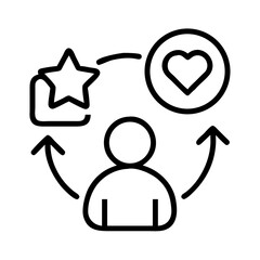 User experience feedback loop icon: star rating, heart, person, customer satisfaction, review cycle, ux design
