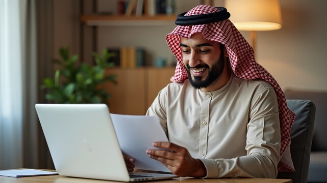 Young arab man using laptop reading document at new home
