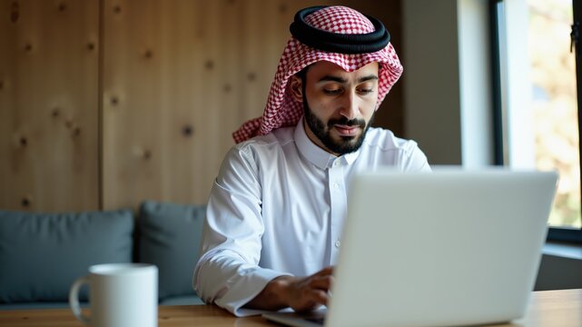Young arab man using laptop reading document at new home
