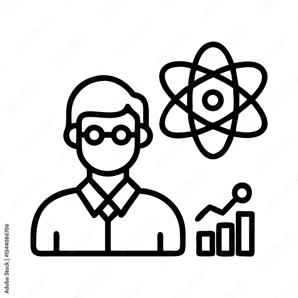 Poster scientist data analysis research and development with atom icon and graph chart line art design