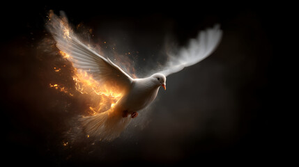 White dove with flames &ndash; symbol of the Holy Spirit in Christian tradition