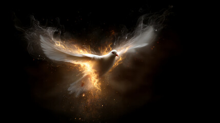 White dove with flames &ndash; symbol of the Holy Spirit in Christian tradition