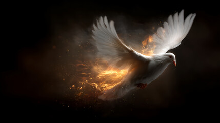 White dove with flames &ndash; symbol of the Holy Spirit in Christian tradition