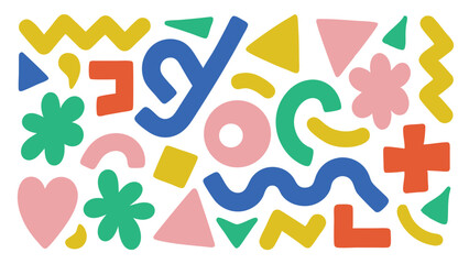 Colorful abstract shapes in a playful arrangement featuring geometric and organic forms on white background