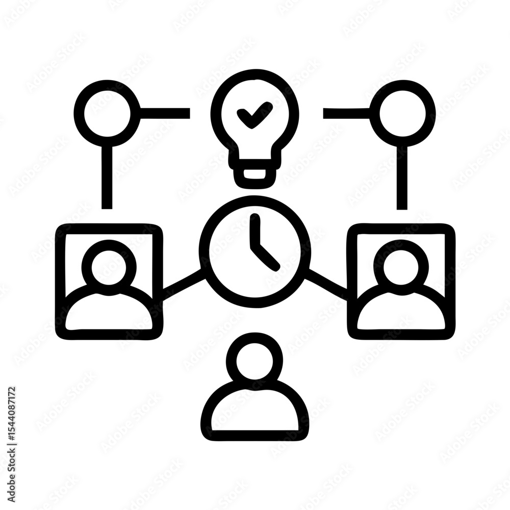 Poster project management workflow icon showing team collaboration idea generation and time management proc
