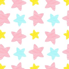 Repeating raster pattern with yellow, blue and pink stars in hatching on a white background