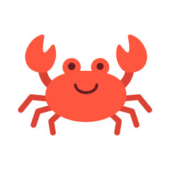 Flat vector cartoon illustration of a smiling red crab with claws. For summer, beach, sea life, vacation and ocean-themed design. Isolated on white background.