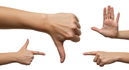 Human Hands Gesturing Various Signs Against White Background.