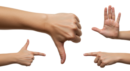 Human Hands Gesturing Various Signs Against White Background.