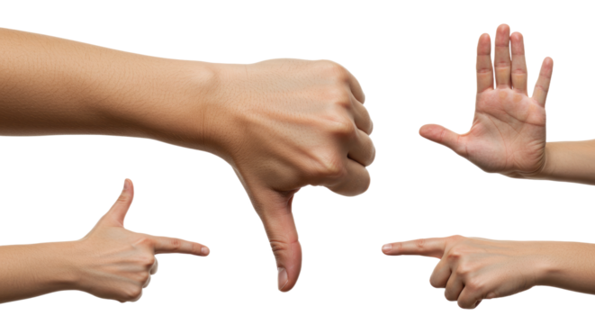 Human Hands Gesturing Various Signs Against White Background.