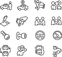 Thin line icon set of car sale automobile vehicle purchase buyer customer contract payment agreement negotiation. Pixel perfect icons, editable stroke.