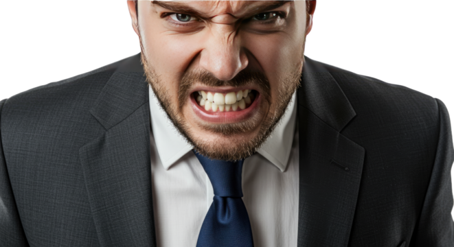 Angry Businessman in Suit Showing Teeth Closeup Portrait.