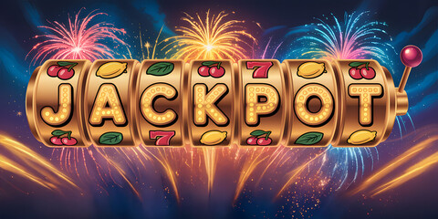 Slot machine reels spelling "JACKPOT" text with fireworks and casino symbols

