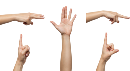 Assorted Hand Gestures on White Background Pointing Counting Open Palm.