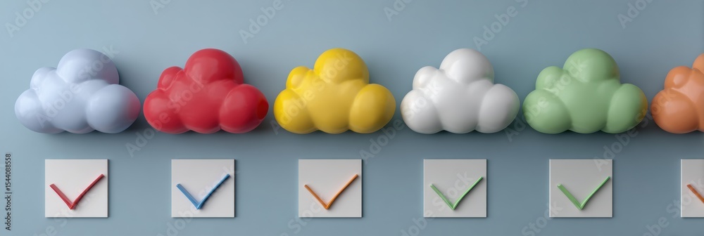Poster Cloud Storage Safety Checklist Featuring Colorful Cloud Icons With Checkmarks for Data Security Assessment and Management Strategies