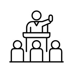 Find speaker presentation icon vector illustration of a person giving speech at podium to audience members