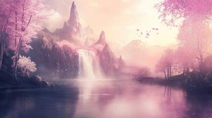 A serene, misty valley with a waterfall cascading into a tranquil lake.