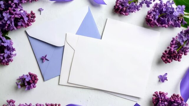 Blank white cards and envelopes decorated with purple lilac flowers and matching satin ribbon create a charming flat lay arrangement.