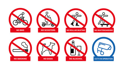Prohibited Sign Icons Set – Biking, Scooters, Roller Skating, Skateboarding, Smoking, Dogs, Alcohol Not Allowed, with CCTV in Operation Symbol – Vector for Public Safety and Notice. Vector.