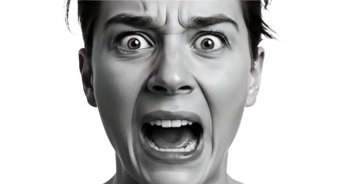 Closeup Monochrome Portrait of a Terrified Woman Screaming.