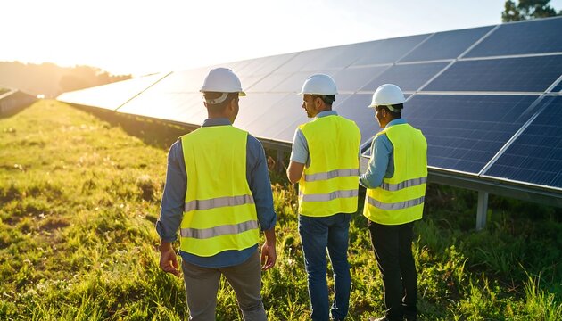 Three engineers inspect a solar park at sunset, wearing hard hats and safety vests for protection.