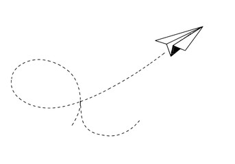 A paper airplane follows a dotted line path on a white background.
