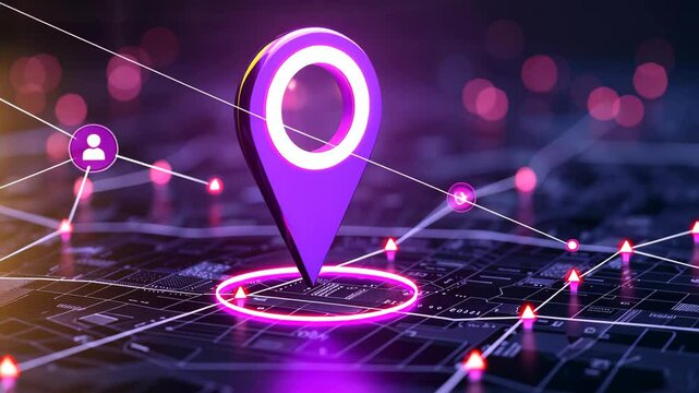 Location Pin Icon in Cyber World: Illustrating connectivity and location, a digital map is overlaid with a luminous location pin, accented with a network of interconnected lines.