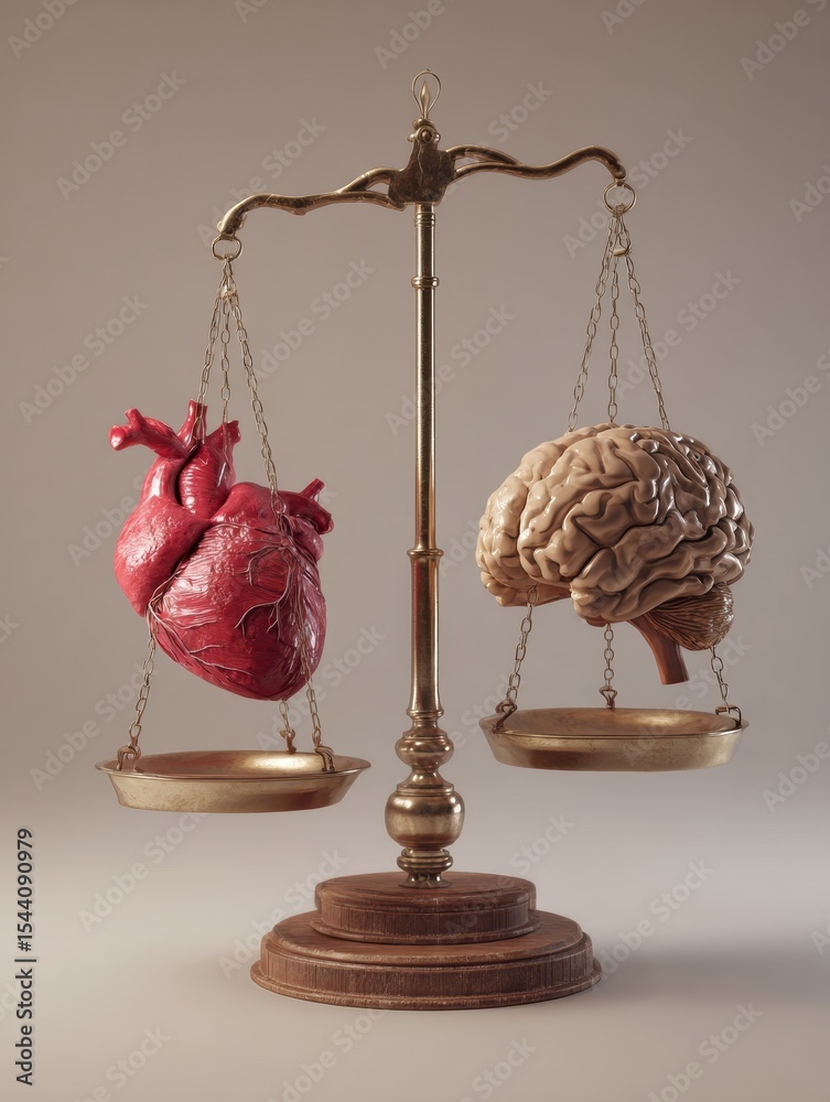 Aufkleber Balancing Emotions and Logic With Heart and Brain on a Scale in a Neutral Setting
