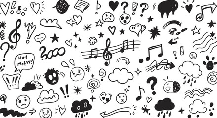 Black & White Hand-Drawn Doodle Art with Music, Hearts & Clouds - AI Generative
