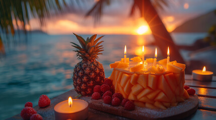 Tropical Candlelight Glow. Pineapple birthday cake by the beach during golden sunset. Ideal for summer events, travel promotions, or tropical-themed celebrations.

