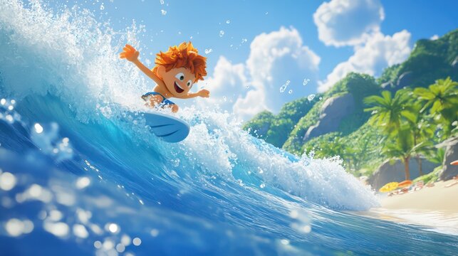 A cheerful cartoon character riding a wave, with water splashes and a playful beach backdrop