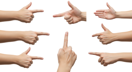 Collection of Human Hands in Various Gestures Against White Background.