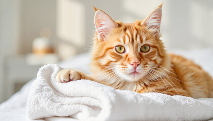 Orange cat relaxing on a soft white towel in a bright room  