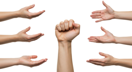 Collection of Human Hands Open Palms Closed Fist Gestures.