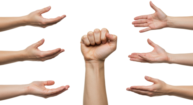 Collection of Human Hands Open Palms Closed Fist Gestures.