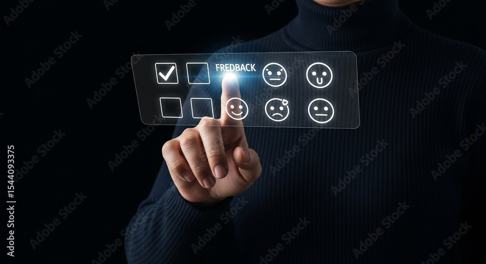 Poster Person giving feedback by touching a digital interface with check boxes and emoticons on a black background