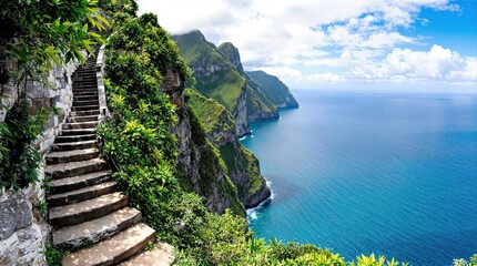Coastal cliff path with stone steps. Lush greenery climbs the steep slope above a turquoise ocean