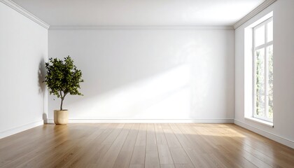 Sunlit room features a potted plant beside a bright window with wood floor and white walls