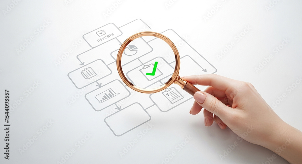 Poster hand holding magnifying glass over flowchart with green checkmark on white background