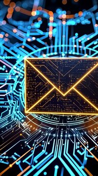 Glowing envelope email notification icon surrounded by futuristic blue and orange interconnected circuit board network