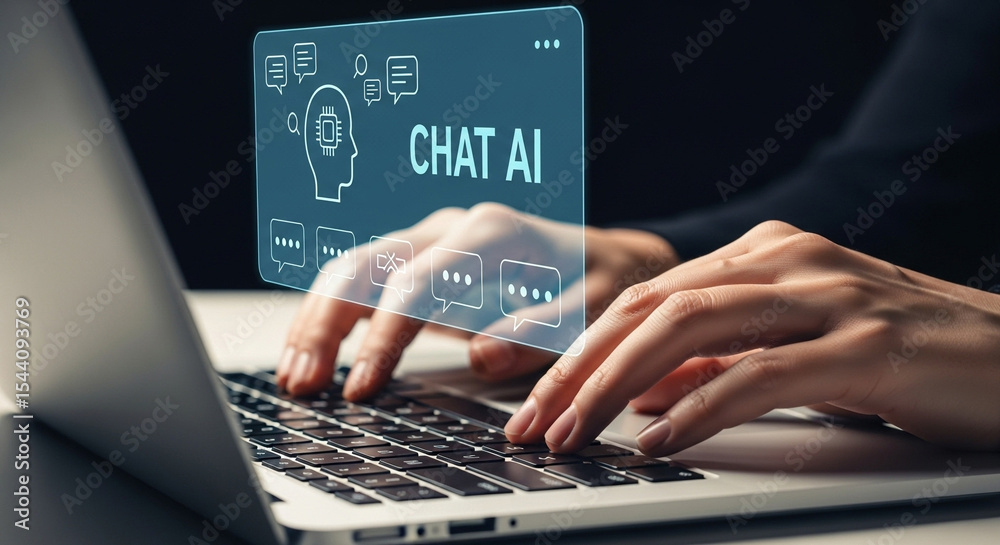 Aufkleber hands typing on a laptop with a chat ai interface overlay featuring speech bubbles and a head icon
