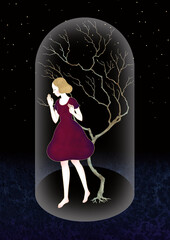 Woman and Tree in Glass Dome Under Starry Sky