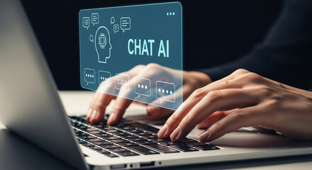 Hands typing on a laptop with a chat ai interface overlay featuring speech bubbles and a head icon