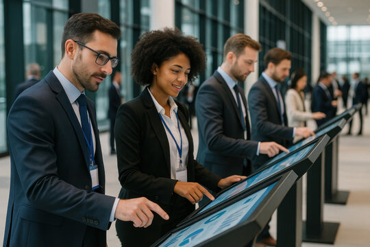 Businesspeople Interacting with Touchscreen Displays - Photos - Powered by Adobe