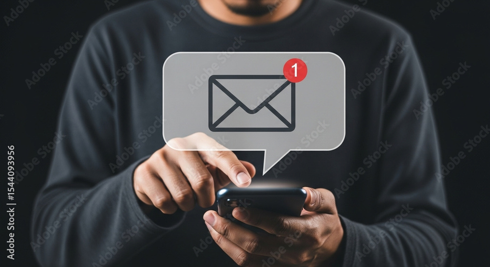 Poster Person using phone with email notification displayed in a speech bubble over the device screen