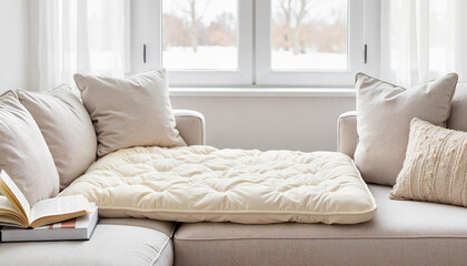 Cozy couch with beige cushions and a soft mattress in winter  