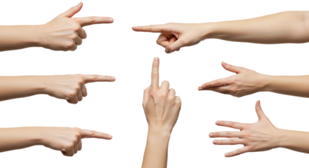 Diverse Female Hands Gesturing Pointing Indicating and Open Palm.